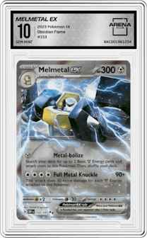 Melmetal EX from the 2023 Pokemon SV set graded by Arena Club and given an overall grade of 10.