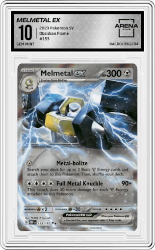 Melmetal EX from the 2023 Pokemon SV set graded by Arena Club and given an overall grade of 10.