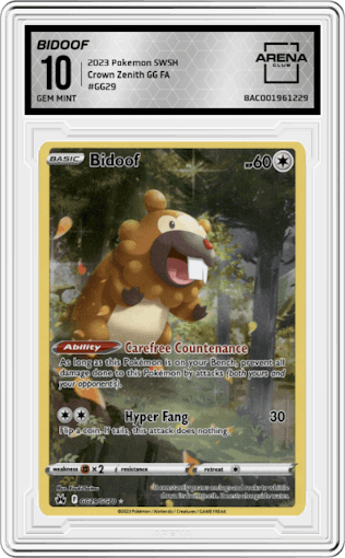 Bidoof from the 2023 Pokemon SWSH set graded by Arena Club and given an overall grade of 10.