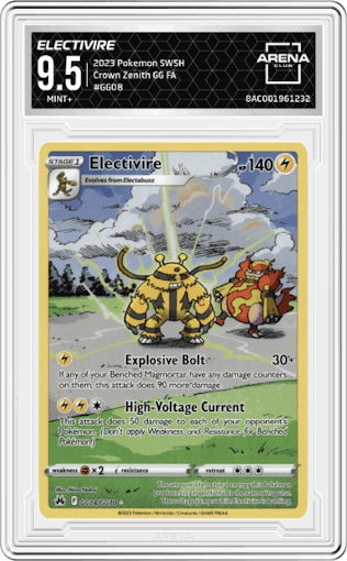 Electivire from the 2023 Pokemon SWSH set graded by Arena Club and given an overall grade of 9.5.