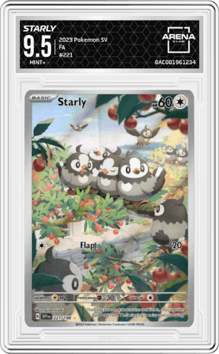 Starly from the 2023 Pokemon SV set graded by Arena Club and given an overall grade of 9.5.
