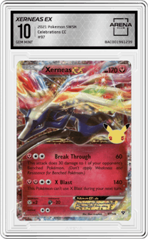 Xerneas EX from the 2021 Pokemon SWSH set graded by Arena Club and given an overall grade of 10.