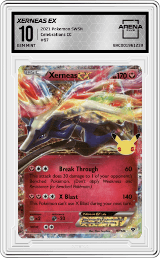 Xerneas EX from the 2021 Pokemon SWSH set graded by Arena Club and given an overall grade of 10.