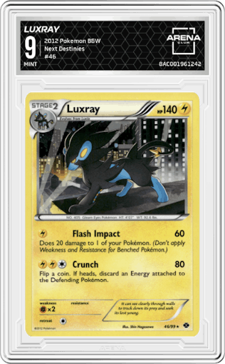 Luxray from the 2012 Pokemon B&W set graded by Arena Club and given an overall grade of 9.
