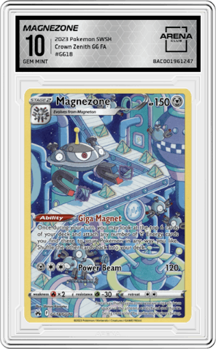 Magnezone from the 2023 Pokemon SWSH set graded by Arena Club and given an overall grade of 10.