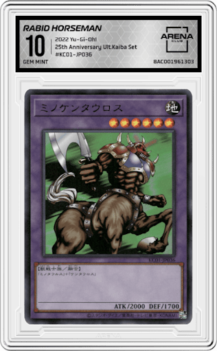 Rabid Horseman from the 2022 Yu-Gi-Oh! set graded by Arena Club and given an overall grade of 10.