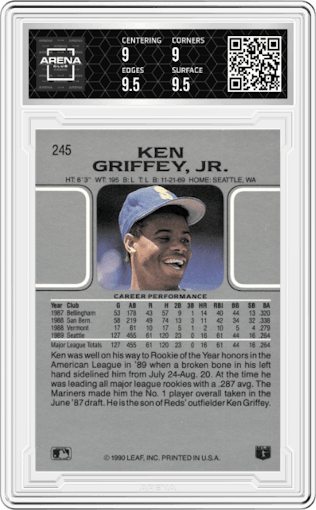 Ken Griffey Jr. from the 1990 Leaf set graded by Arena Club and given an overall grade of 9.5.