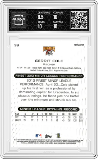 Gerrit Cole from the 2013 Topps Finest set featuring a Refractor parallel graded by Arena Club and given an overall grade of 9.