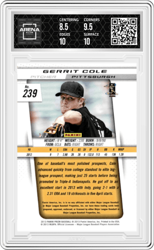 Gerrit Cole from the 2013 Panini Prizm set graded by Arena Club and given an overall grade of 9.