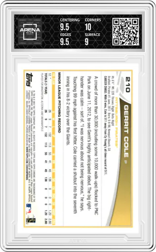 Gerrit Cole from the 2013 Topps Chrome set graded by Arena Club and given an overall grade of 9.5.