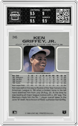 Ken Griffey Jr. from the 1990 Leaf set graded by Arena Club and given an overall grade of 9.5.
