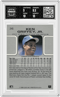 Ken Griffey Jr. from the 1990 Leaf set graded by Arena Club and given an overall grade of 9.