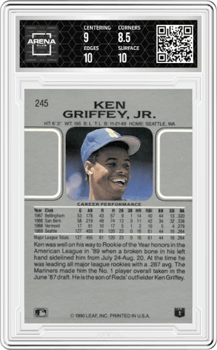 Ken Griffey Jr. from the 1990 Leaf set graded by Arena Club and given an overall grade of 9.