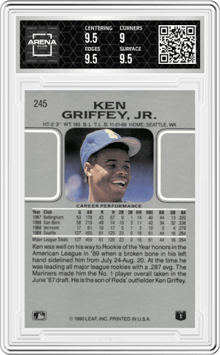 Ken Griffey Jr. from the 1990 Leaf set graded by Arena Club and given an overall grade of 9.5.