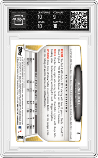 Gerrit Cole from the 2013 Bowman Drafts Picks & Prospects set graded by Arena Club and given an overall grade of 9.5.