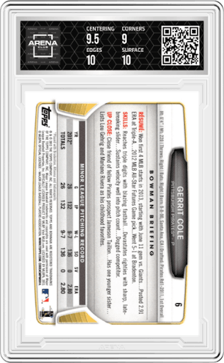 Gerrit Cole from the 2013 Bowman Drafts Picks & Prospects set graded by Arena Club and given an overall grade of 9.5.