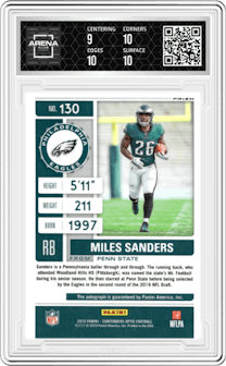Miles Sanders from the 2019 Panini Contenders Optic set graded by Arena Club and given an overall grade of 9.5.