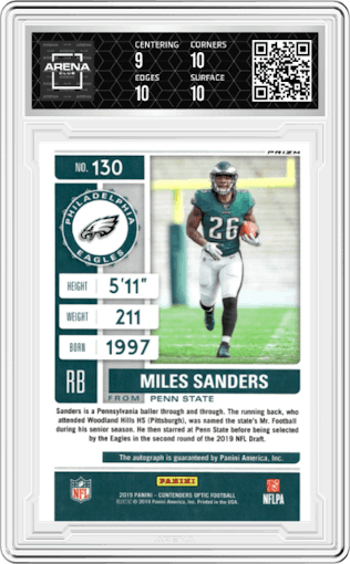 Miles Sanders from the 2019 Panini Contenders Optic set graded by Arena Club and given an overall grade of 9.5.