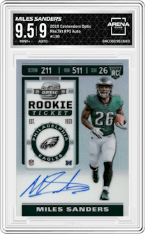 Miles Sanders from the 2019 Panini Contenders Optic set graded by Arena Club and given an overall grade of 9.5.