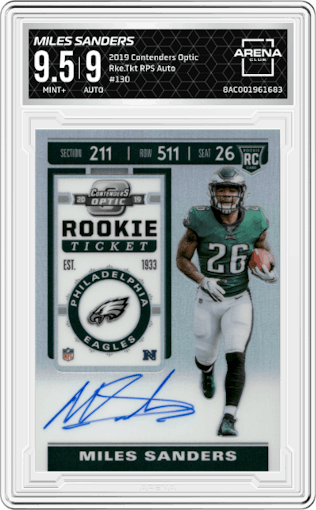 Miles Sanders from the 2019 Panini Contenders Optic set graded by Arena Club and given an overall grade of 9.5.