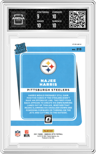 Najee Harris from the 2021 Panini Donruss Optic set featuring a Purple Shock parallel graded by Arena Club and given an overall grade of 9.5.