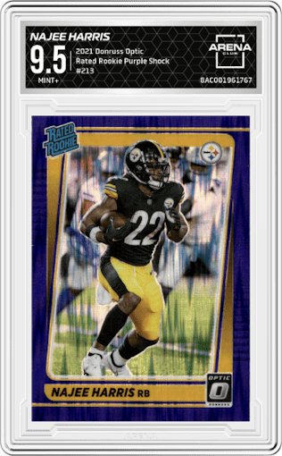 Najee Harris from the 2021 Panini Donruss Optic set featuring a Purple Shock parallel graded by Arena Club and given an overall grade of 9.5.