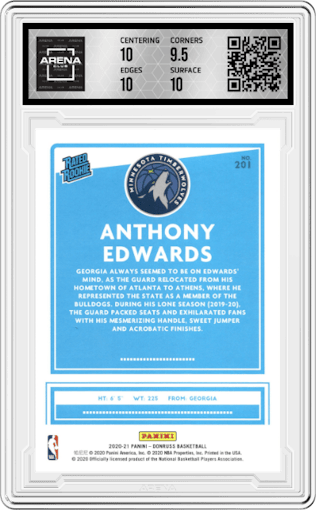 Anthony Edwards from the 2020-21 Panini Donruss set graded by Arena Club and given an overall grade of 10.