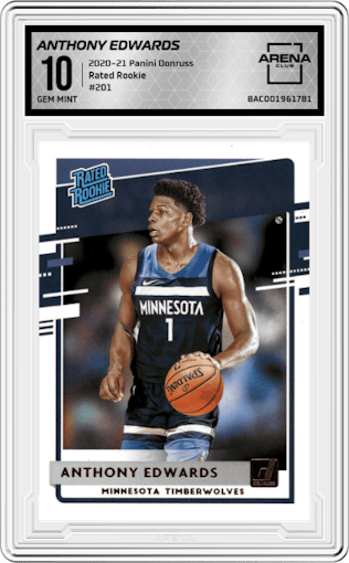 Anthony Edwards from the 2020-21 Panini Donruss set graded by Arena Club and given an overall grade of 10.