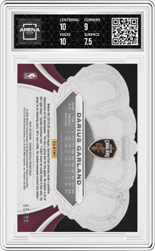 Darius Garland from the 2019-20 Panini Crown Royale set featuring a Crystal Blue parallel graded by Arena Club and given an overall grade of 8.