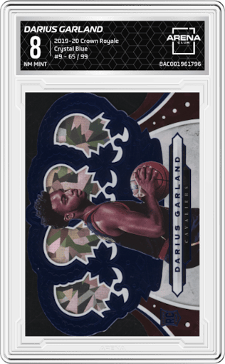 Darius Garland from the 2019-20 Panini Crown Royale set featuring a Crystal Blue parallel graded by Arena Club and given an overall grade of 8.