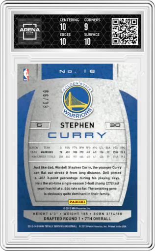 Stephen Curry from the 2013-14 Panini Totally Certified set featuring a Totally Red parallel graded by Arena Club and given an overall grade of 9.5.