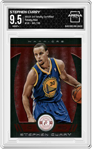 Stephen Curry from the 2013-14 Panini Totally Certified set featuring a Totally Red parallel graded by Arena Club and given an overall grade of 9.5.