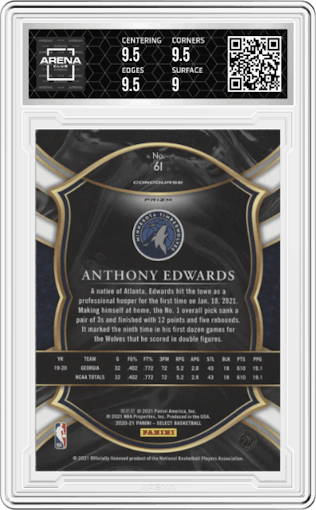 Anthony Edwards from the 2020-21 Panini Select  set featuring a Silver Prizm parallel graded by Arena Club and given an overall grade of 9.5.