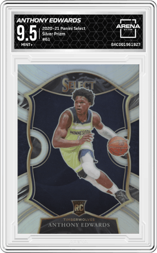 Anthony Edwards from the 2020-21 Panini Select  set featuring a Silver Prizm parallel graded by Arena Club and given an overall grade of 9.5.