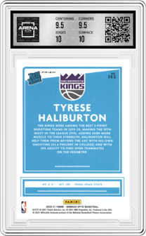 Tyrese Haliburton from the 2020-21 Panini Donruss Optic set featuring a Blue Velocity  parallel graded by Arena Club and given an overall grade of 10.