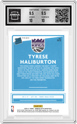 Tyrese Haliburton from the 2020-21 Panini Donruss Optic set featuring a Blue Velocity  parallel graded by Arena Club and given an overall grade of 10.