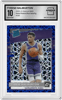 Tyrese Haliburton from the 2020-21 Panini Donruss Optic set featuring a Blue Velocity  parallel graded by Arena Club and given an overall grade of 10.