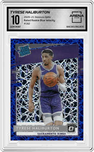 Tyrese Haliburton from the 2020-21 Panini Donruss Optic set featuring a Blue Velocity  parallel graded by Arena Club and given an overall grade of 10.