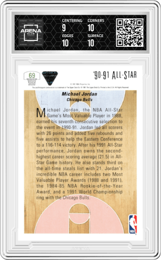 Michael Jordan from the 1991-92 Upper Deck set graded by Arena Club and given an overall grade of 9.5.