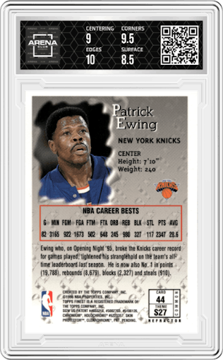 Patrick Ewing from the 1996-97 Topps Finest set featuring a Refractor W/ Coating parallel graded by Arena Club and given an overall grade of 9.