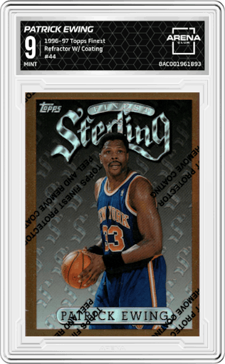 Patrick Ewing from the 1996-97 Topps Finest set featuring a Refractor W/ Coating parallel graded by Arena Club and given an overall grade of 9.