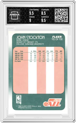 John Stockton from the 1988-89 Fleer set graded by Arena Club and given an overall grade of 9.