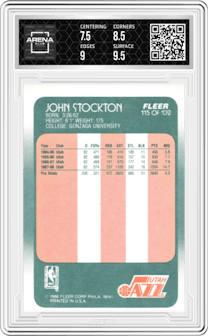 John Stockton from the 1988-89 Fleer set graded by Arena Club and given an overall grade of 8.