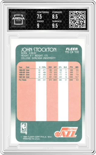 John Stockton from the 1988-89 Fleer set graded by Arena Club and given an overall grade of 8.