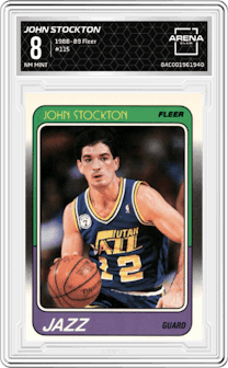 John Stockton from the 1988-89 Fleer set graded by Arena Club and given an overall grade of 8.