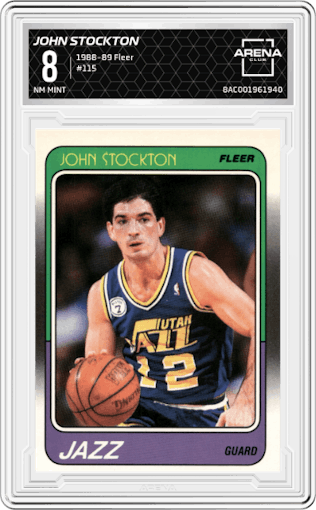 John Stockton from the 1988-89 Fleer set graded by Arena Club and given an overall grade of 8.
