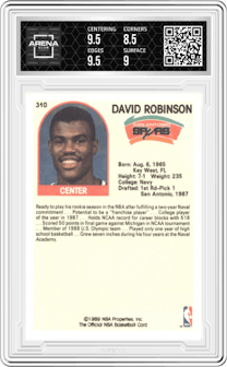 David Robinson from the 1989-90 NBA Hoops  set graded by Arena Club and given an overall grade of 9.