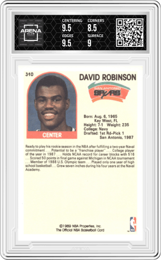 David Robinson from the 1989-90 NBA Hoops  set graded by Arena Club and given an overall grade of 9.