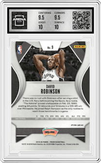 David Robinson from the 2019-20 Panini Prizm set featuring a Pink Ice parallel graded by Arena Club and given an overall grade of 10.