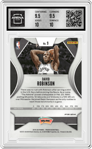David Robinson from the 2019-20 Panini Prizm set featuring a Pink Ice parallel graded by Arena Club and given an overall grade of 10.